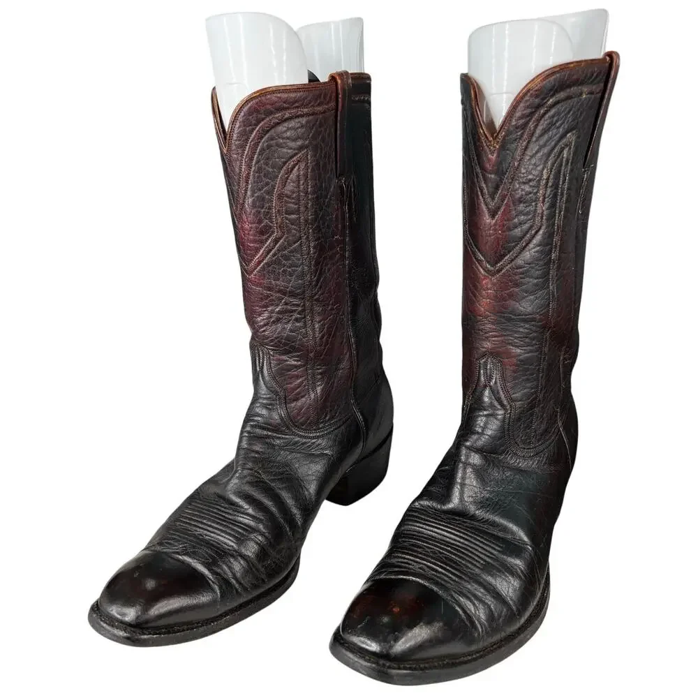 Vintage Lucchese Men’s Black Cherry Leather Cowboy Boots Size US 11.5 D